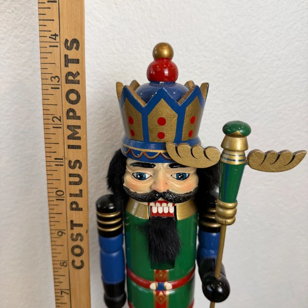 Vintage Wooden Christmas Nutcracker King Green Blue Gold 14.5 Inch Scepter Crown